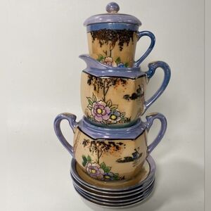 Japanese Lusterware Hand Painted Creamer & Sugar + 6 Plates Vtg EUC